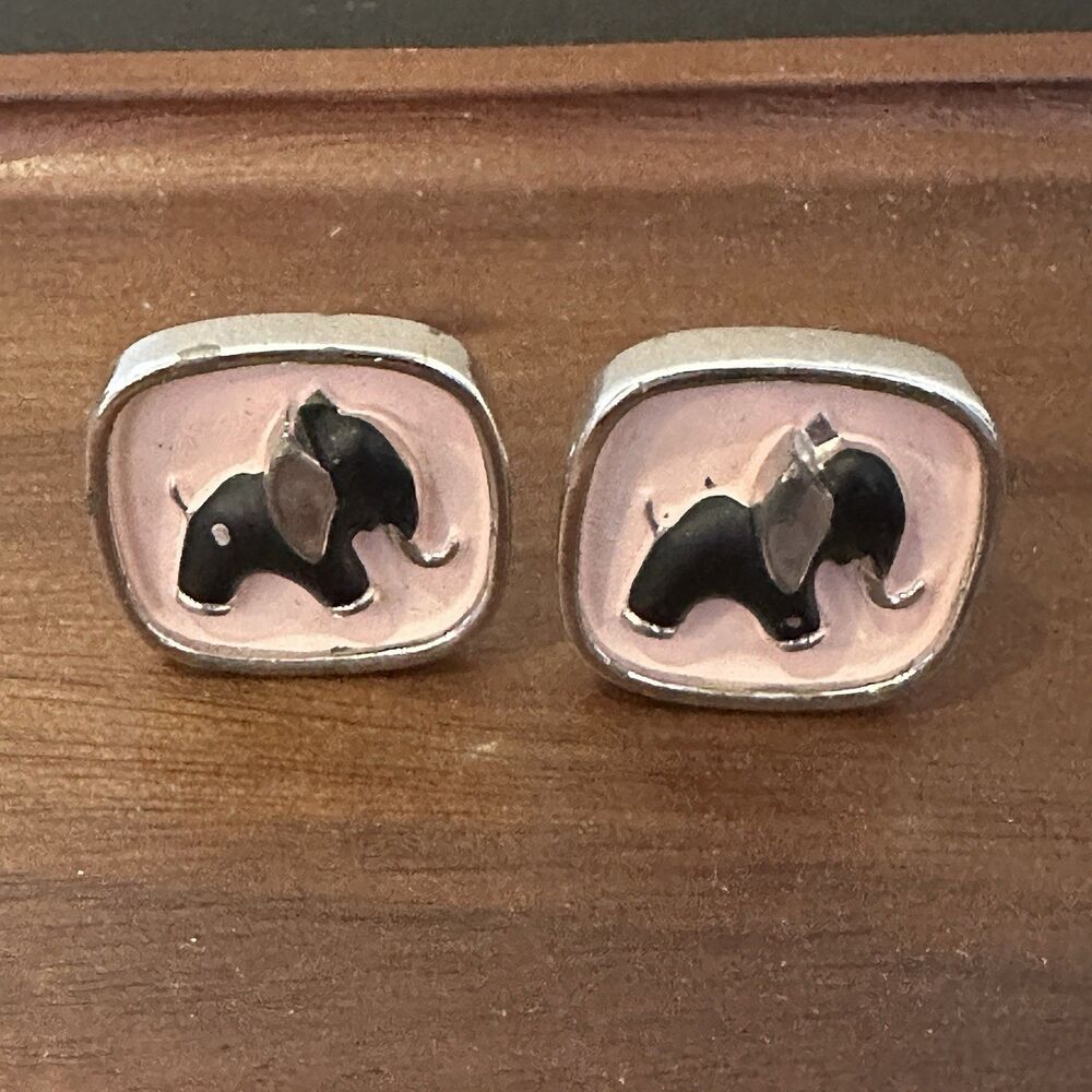 Vintage Hickok Silver Tone Black‎ Elephant Pink Enamel Cuff links MCM  USA